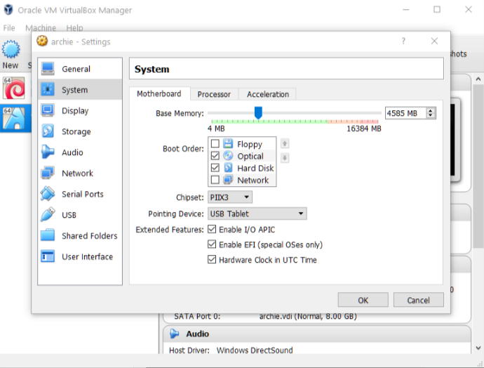 Enable EFI in VirtualBox settings panel